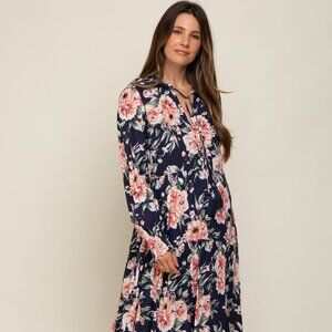 NWT Pink Blush Navy Floral Smocked Ruffle Neck Maternity Maxi Dress